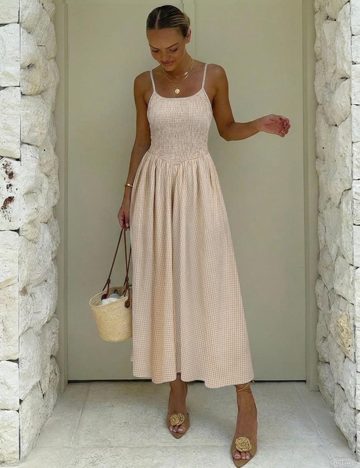 Relipop Women's Summer Midi Dresses 2026 Casual Plaid Sleeveless Spaghetti Strap Smocked Tiered Beach Sundress & Pockets - Image 5