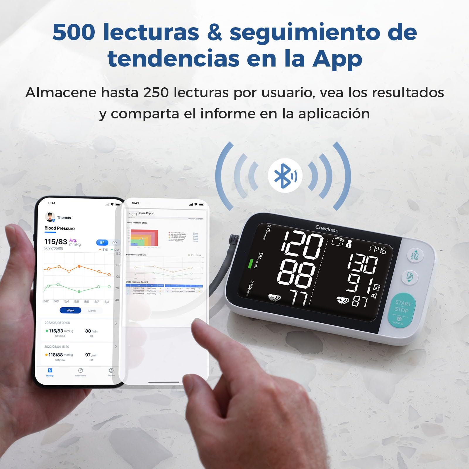 CheckMe Tensiómetro de Brazo con Pantalla Grande para Resultados Comparables, Tensiómetro Bluetooth con Detección de Arritmias, También para Embarazadas y Diabéticos, 22-45cm