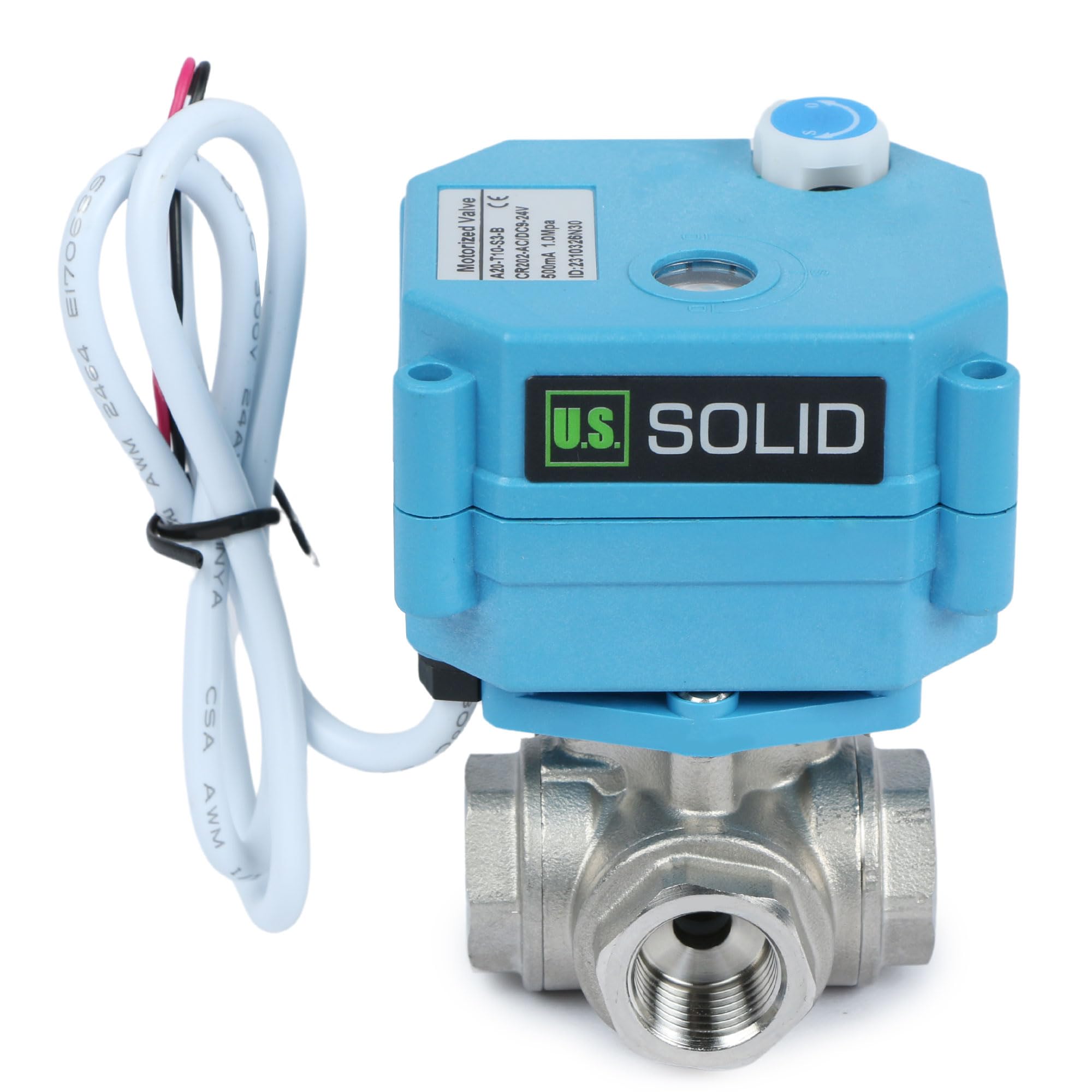 U.S. Solid Válvula motorizada 3 vías acero inoxidable: tipo L - eléctrica válvula con función manual, puerto estándar (3/8", 9-24V AC/DC)