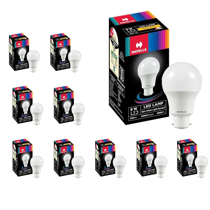Havells 9W LED B22 Bulb |Warm White|Energy Efficient|Upto 4KV Surge Protection|High Voltage Protection |Premium and Beautiful Lighting for Home and Office| Made in India|Pack of 10