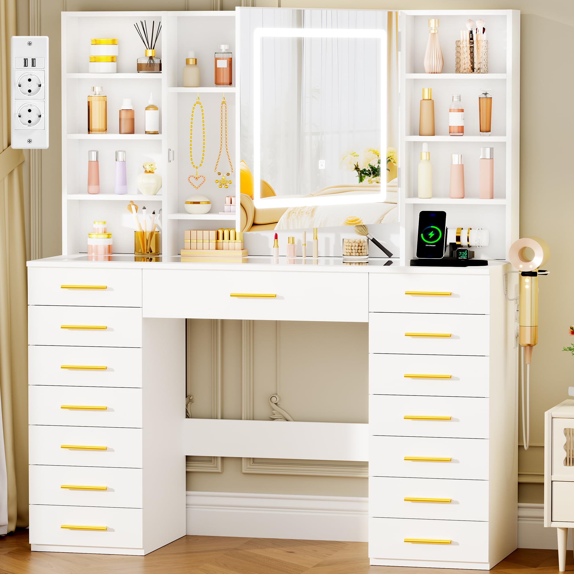 ANWBROAD Grande Coiffeuse avec Miroir, Plateau en Verre 15 Tiroirs Blanc | Coiffeuse avec Lumière LED, 3 Couleurs Réglables, Multiprise, 9 Étagères et 8 Crochets Table de Maquillage Moderne BDT25W