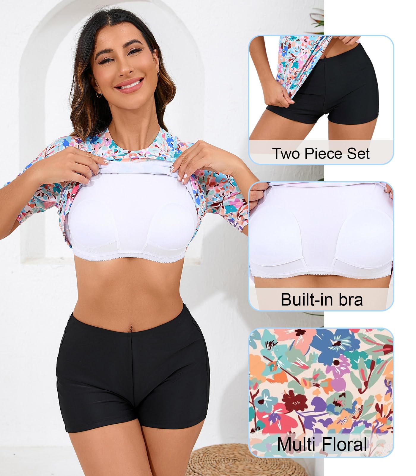 Halcurt Maillot de Bain Deux Pièces avec Soutien-Gorge Intégré UPF 50 pour Femme