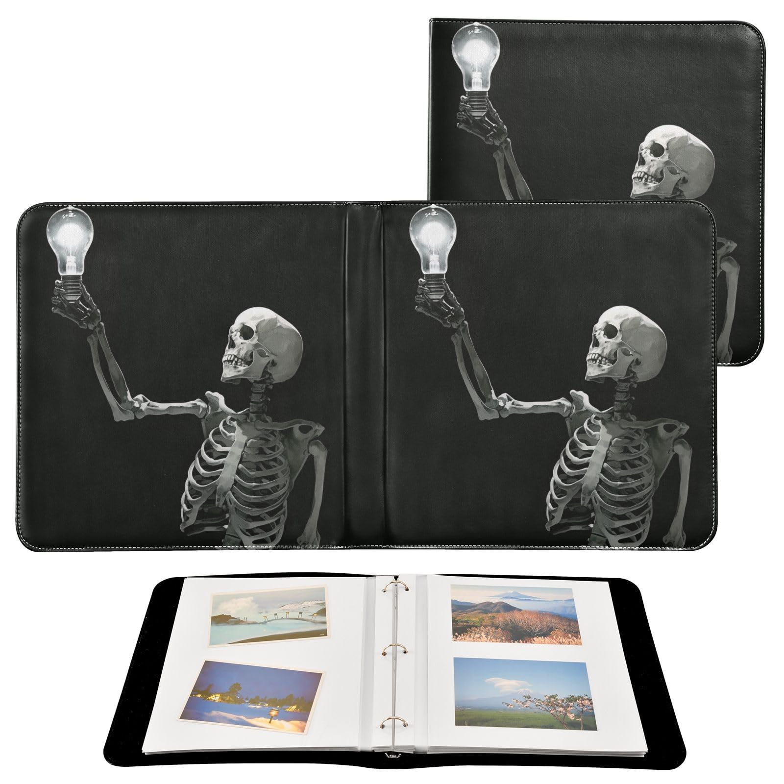 Kigai Skeleton Photo Album Self Adhesive Scrapbook Album Leather Cover DIY Picture Scrap Book with 20 Adhesive Sheets, 11.8x24x0.8 inch
