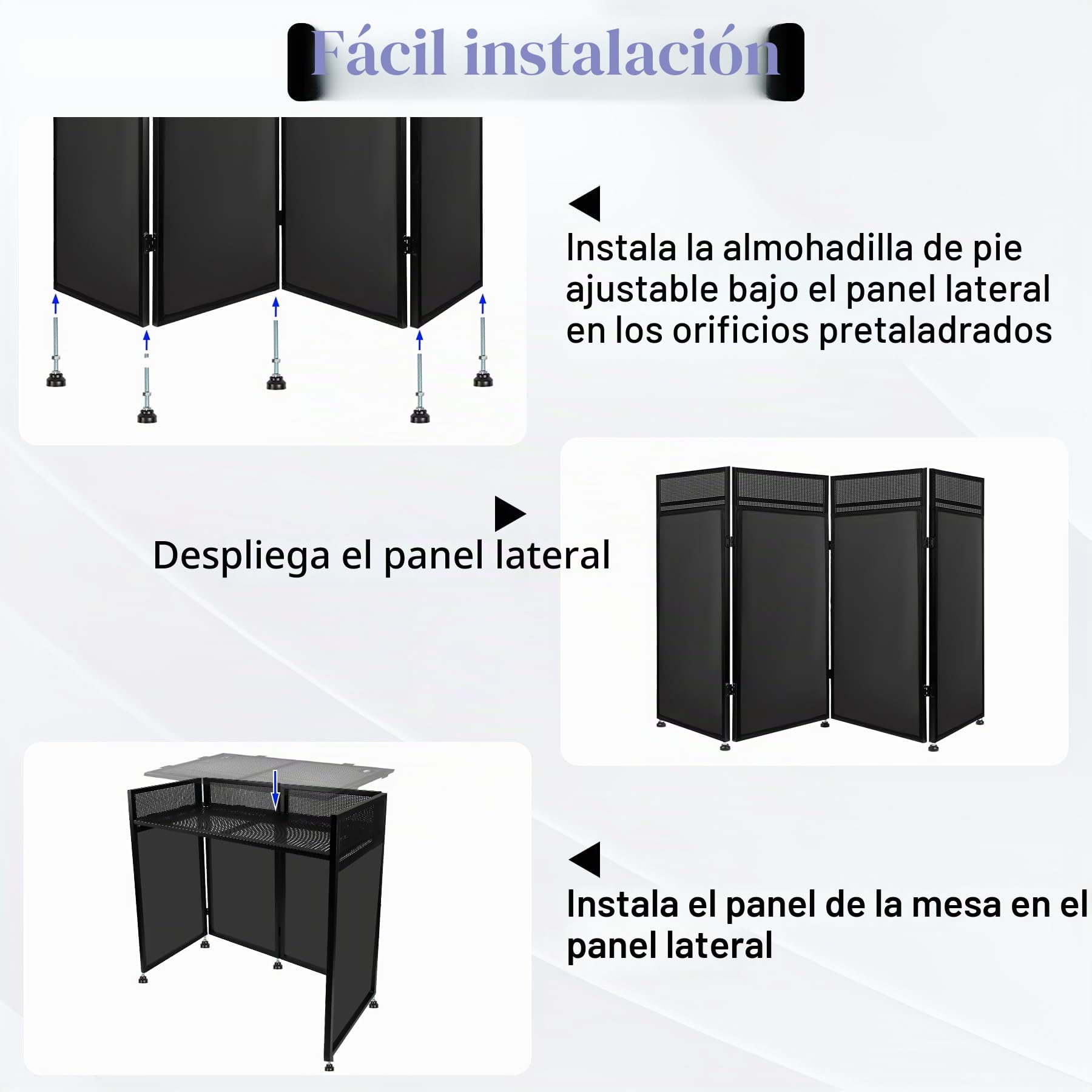 Neoaider Cabina de DJ portátil de 20 x 42 x 44 pulgadas, cabina de fachada de DJ con telas blancas y negras, soporte de mesa de DJ de altura ajustable de 4 pulgadas, marco de metal plegable para