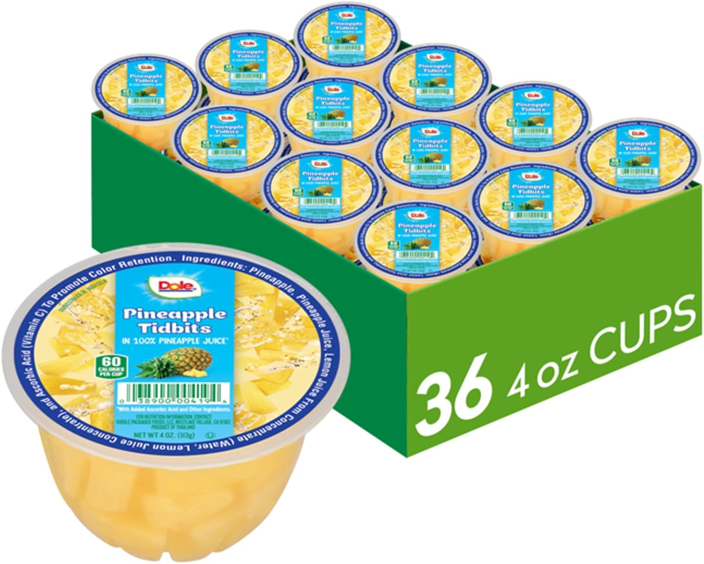 - Dole Fruit Bowls Pineapple Tidbits in 100% Juice Snacks, 4oz 36 Total Cups, Gluten & Dairy Free, Bulk Lunch Snacks for Kids & Adults