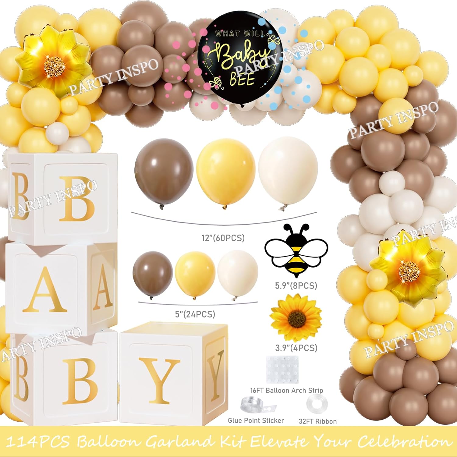 What Will Baby Bee Gender Reveal Decorations – 112PCS Honey Bee Theme Party Supplies with He or She Backdrop, Balloon Garland, Tablecloth, Boxes, Banner, Sash, Badges