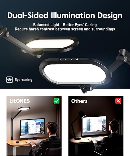 Miniatura 2 de Lámpara de escritorio LED para oficina en casa, luz de escritorio de doble cara con perilla regulable continua, memoria, clip de brazo ajustable