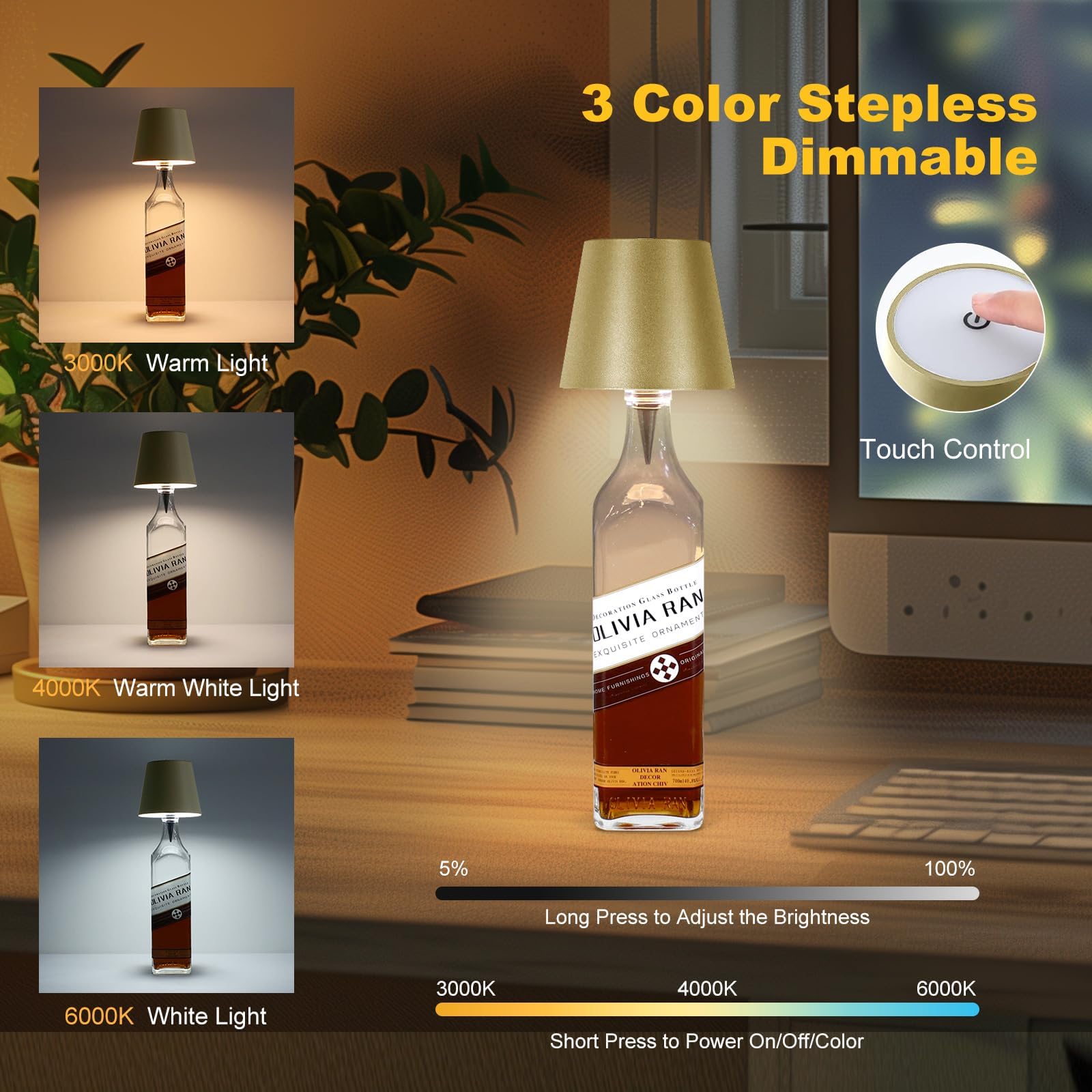 Lámpara inalámbrica para colocar sobre botella, 3 colores, recargable, para botella de vino, iluminación para bares y restaurantes, color oro (Placer Gold), una unidad 2