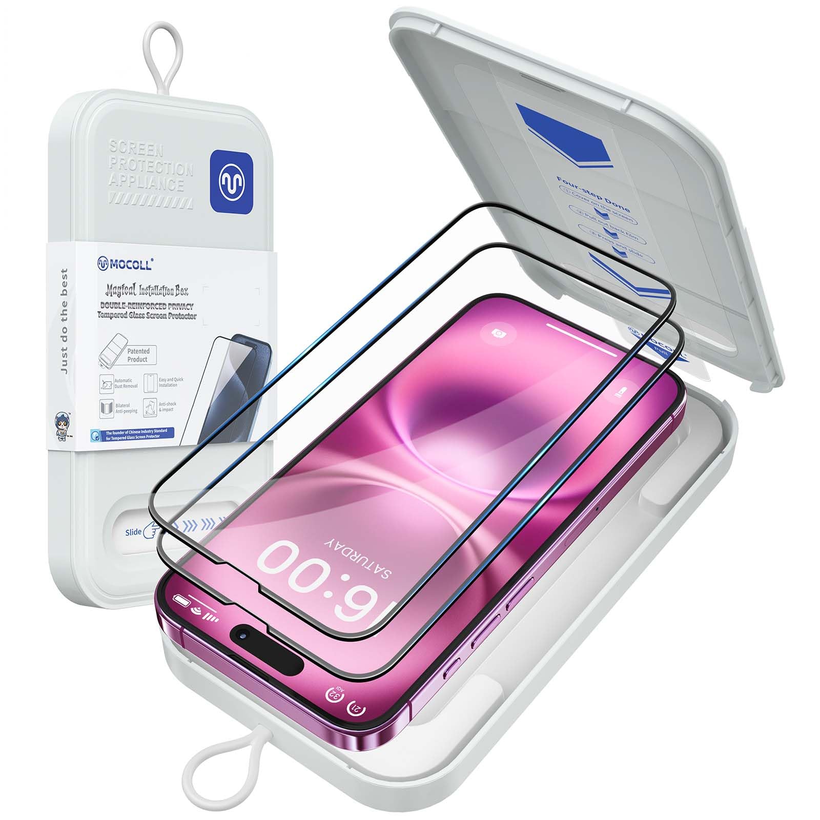 MOCOLL for iPhone 16 Series Screen Protector, Ultra-Clear Tempered Glass 9H hardness 6.1/6.3/6.7/6.9 inch Magic Box Installation, Eye Protection Anti