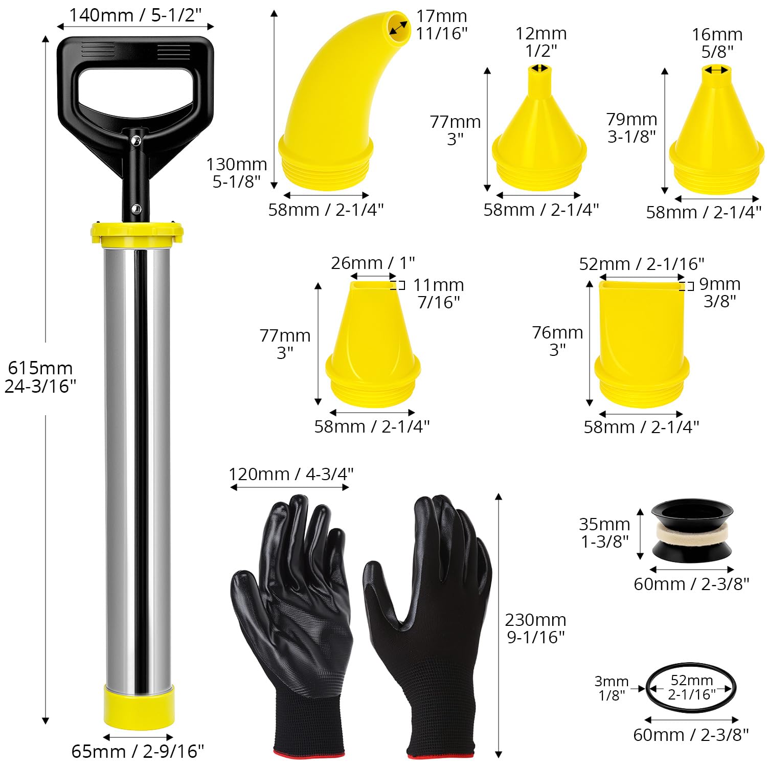 QWORK® Edelstahl Mörtelspritze mit 5 Düsen, Ersatz Siegelkopf und Handschuhen – Ergonomisch und Langlebig für Präzise Verfugungen