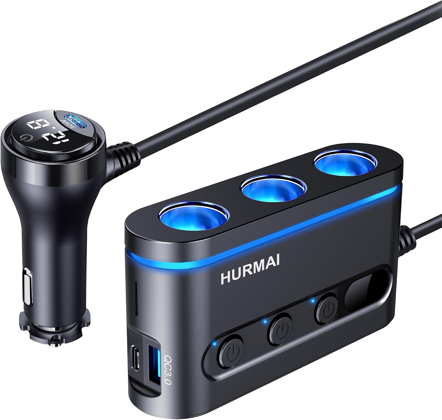 Cigarette Lighter Splitter,3 Socket Cars Cigarette Lighter Adapter,Heavy Duty Truck USB Chager Multi Port with PD30W/QC3.0 USB C 12/24V Car Plug Outlet with LED Voltage Display Independent Switches
