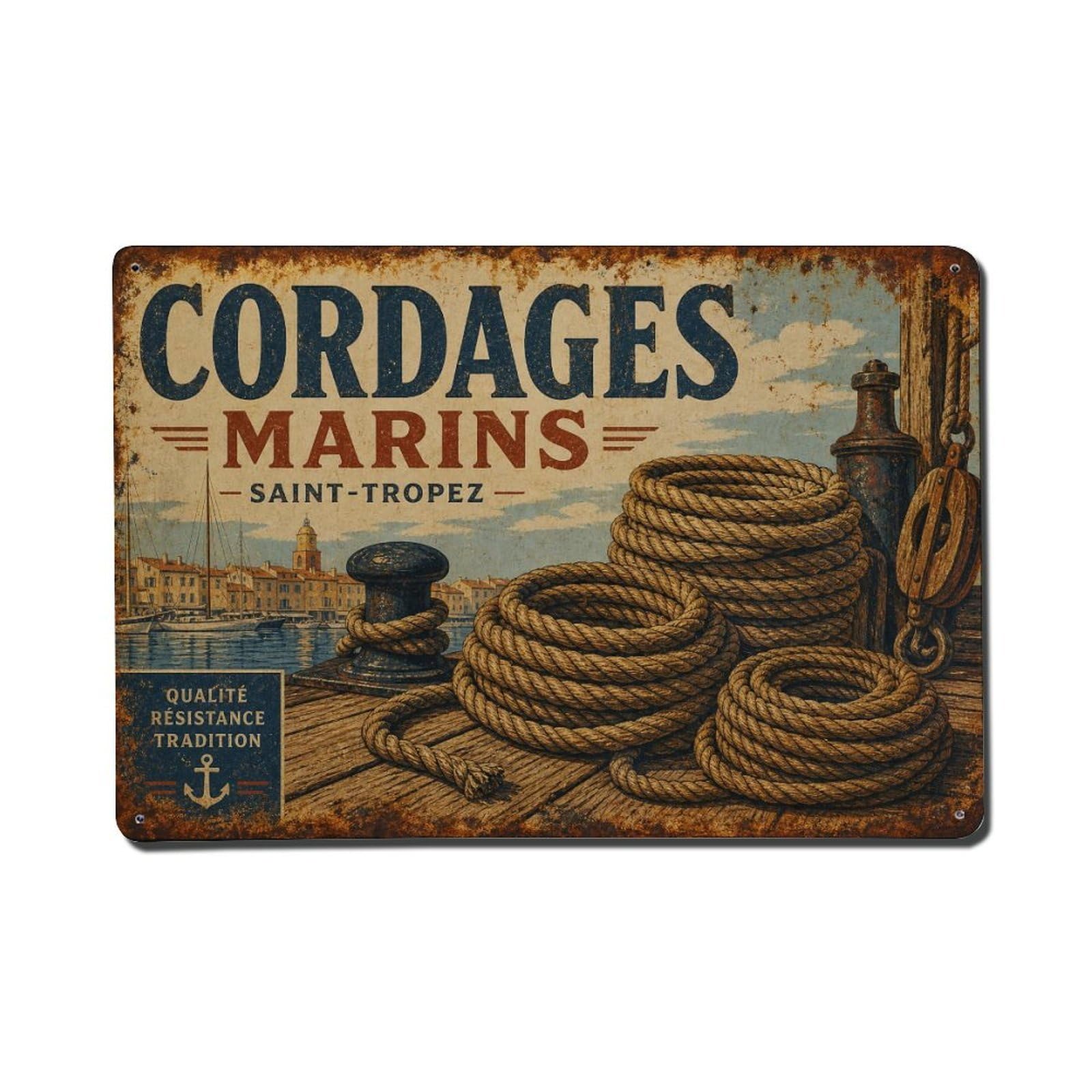 Vintage Travel Rope Coils Dock France Nautical Details Metal Tin Sign