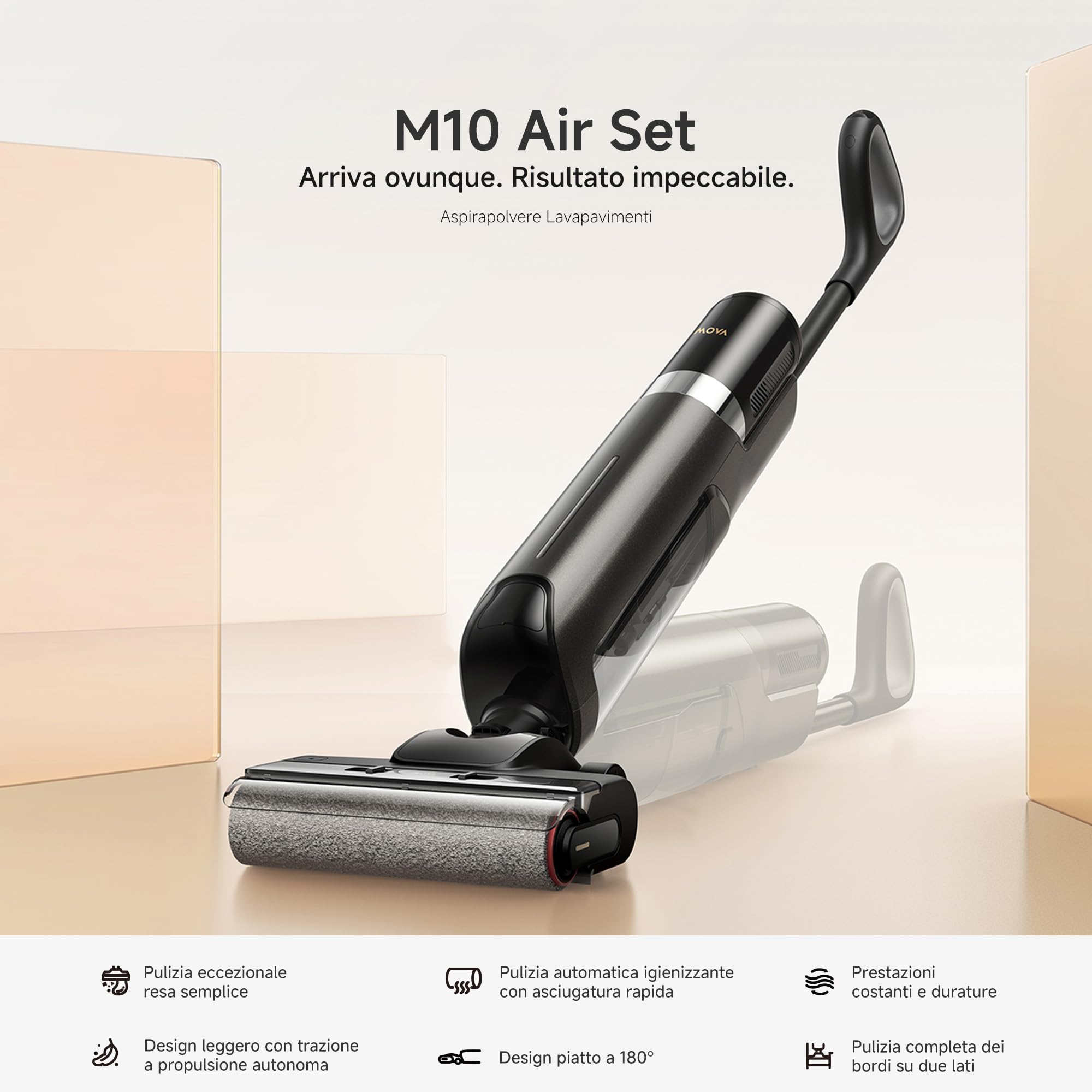 Mova M10 Air Set scopa aspirapolvere lavapavimenti, aspirazione da 20.000 Pa, auto-pulizia con asciugatura ad aria calda (60 °C), design piatto a 180°, pulizia su due lati a 500 giri al minuto