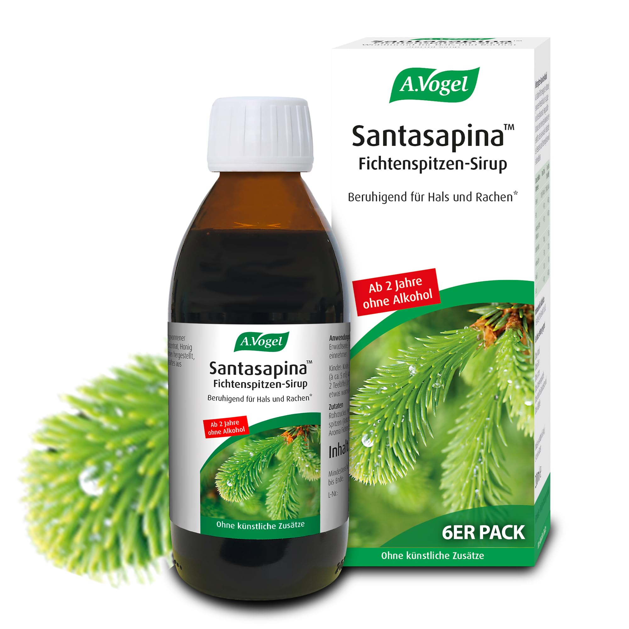 A.Vogel Santasapina Fichtenspitzen Sirup 6 x 200 ml, beruhigend für Hals und Rachen, ohne Alkohol und Zuckerzusätze, für Erwachsene und Kinder ab 2 Jahren