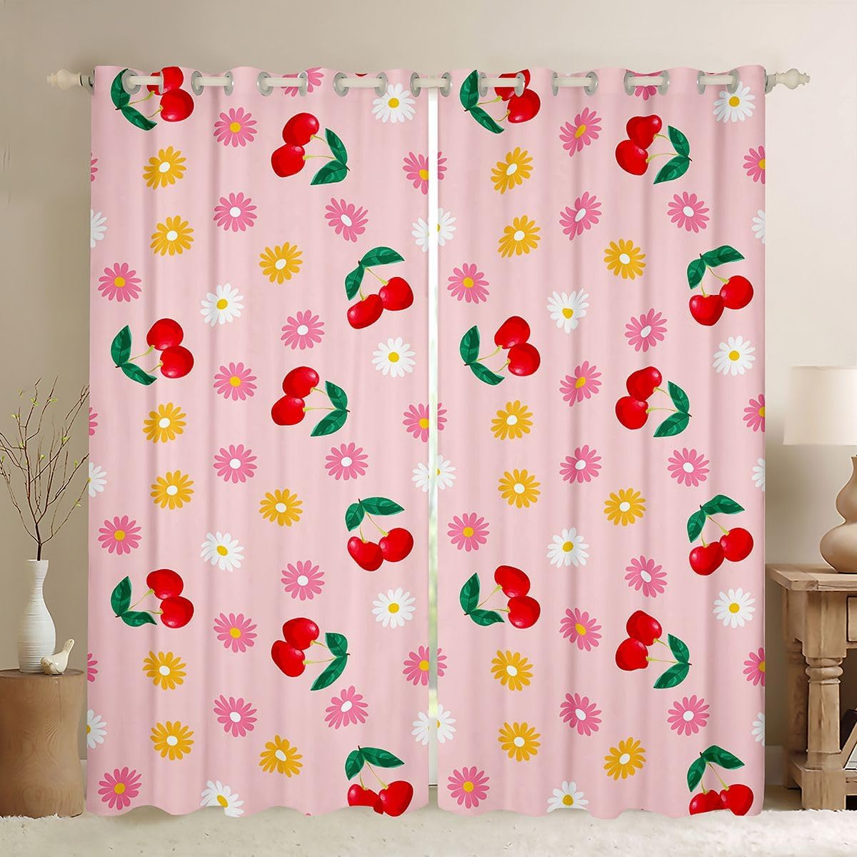 Castle Fairy Cute Cherry Pirate Window Curtains Floral Daisy Boys Girls Room Decor Windows Drapes Cartoon Fruit Flowers Grommet Top 2 Panel Set Bedroom Curtains 52x63 Inch Pink