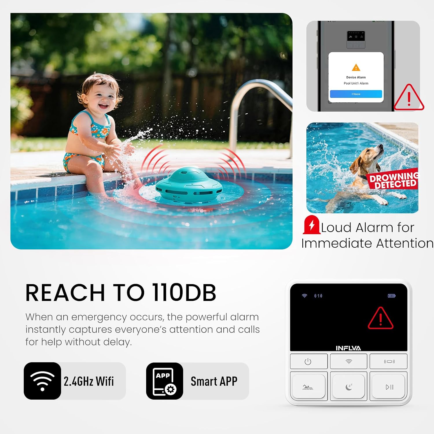 Smart Pool Alarm with WiFi & App Connectivity | Real-Time Phone Alerts & Adjustable Sensitivity | LED Status Monitoring | for Inground & Above Ground Pools (Aqua)