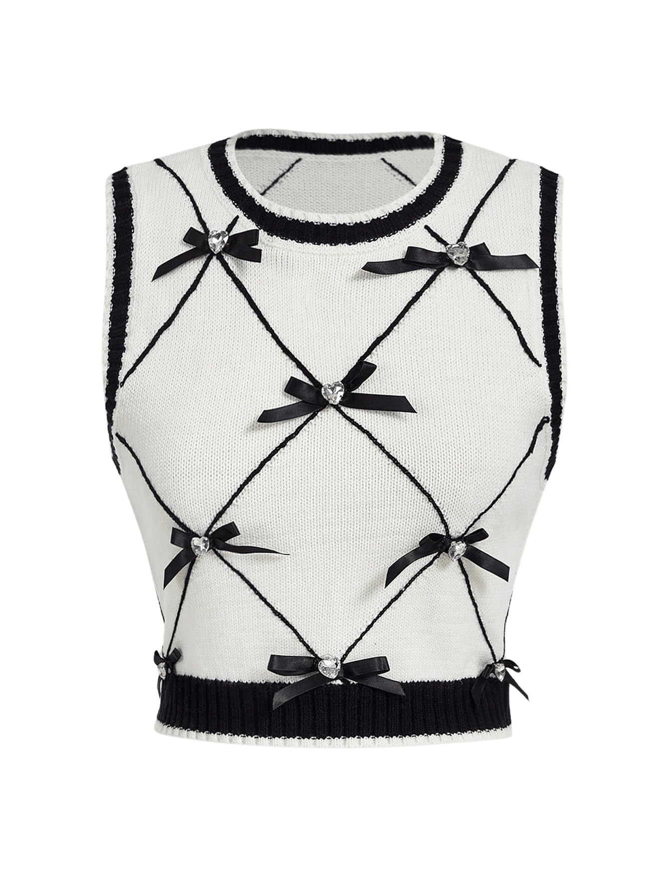 SOLY HUX Womens Bow Sweater Vest Fall Crewneck Sleeveless Contrast Binding Knit Crop Tank Tops