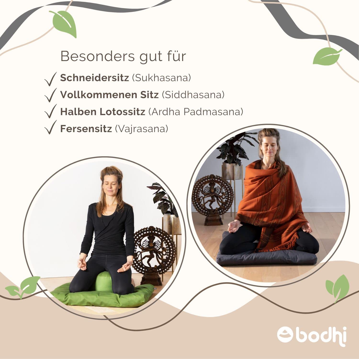 Bodhi Meditatieset | ECO serie | meditatiemat (Zabuton) & Rondo meditatiekussen | met kapok of biologische speltvulling | overtrek van 100% biologisch katoen | meditatie-onderlegger & kussen (bosgroen