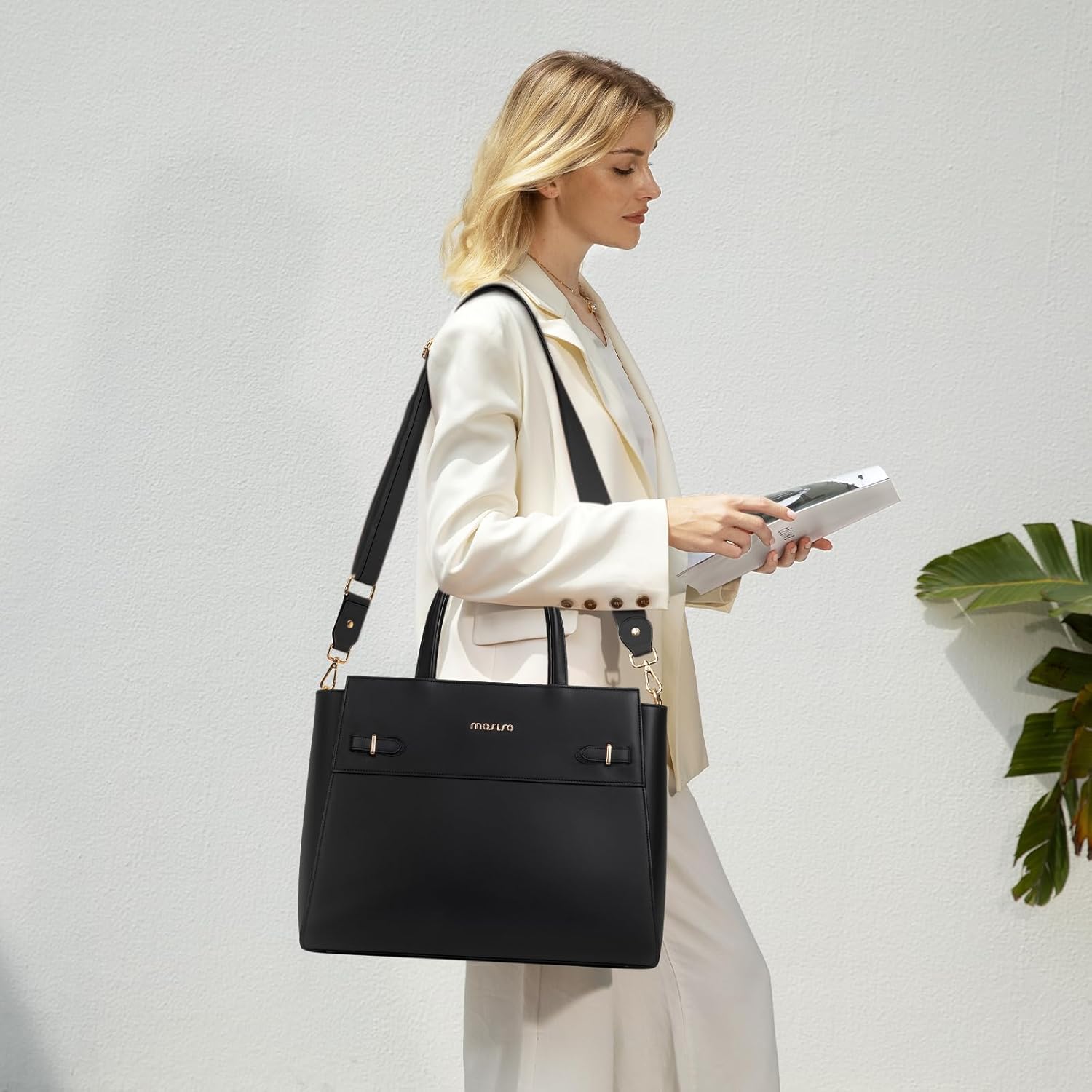 MOSISO Laptop Tote Bag for Women, 15.6 inch Waterproof PU Leather Laptop Bag with Decorative Buckles, Large Capacity Teacher Work Computer Briefcase Handbag for Business Office, Black - Image 3