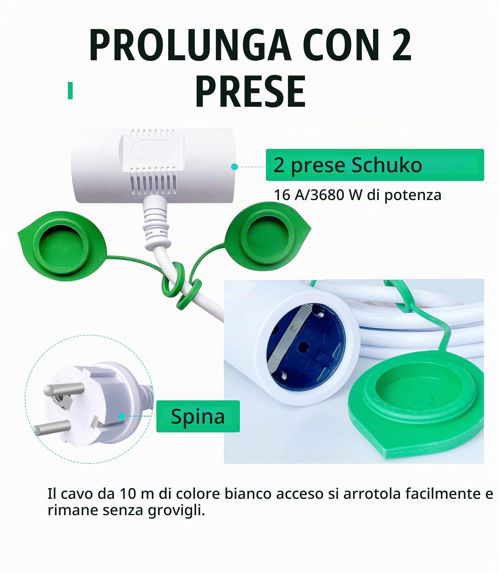 XINWANG Prolunga IP44 H05VV-F 10m, Bianca, 2 Prese Schuko | Cavo H05VV-F 3G1,5mm² con 2 prese Schuko protette per uso esterno temporaneo in giardino, terrazza e fai da te