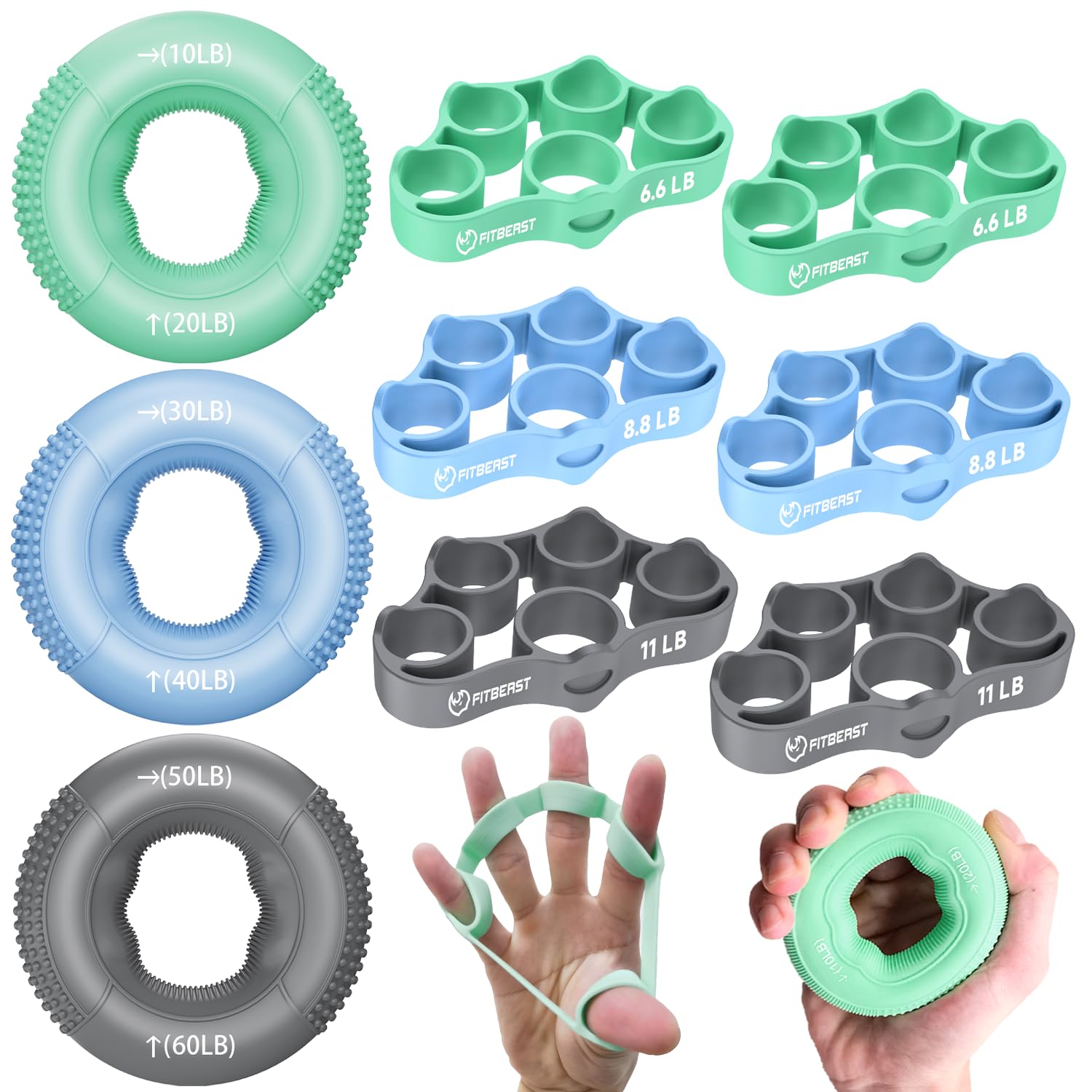 FitBeast Grip Strength Trainer, Finger Exerciser, Forearm Strengthener 9-Piece Kit, Hand Grip Strengthener Targeted Strength, Relief & Recovery