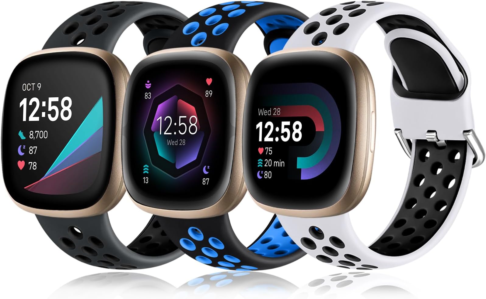 Getino Compatible with Fitbit Versa 3/4 Bands, Sense/Sense 2 Bands W/M, Sports Accessory, Silicone Band for Versa 3/4/Sense/Sense 2, Large 3-Pack