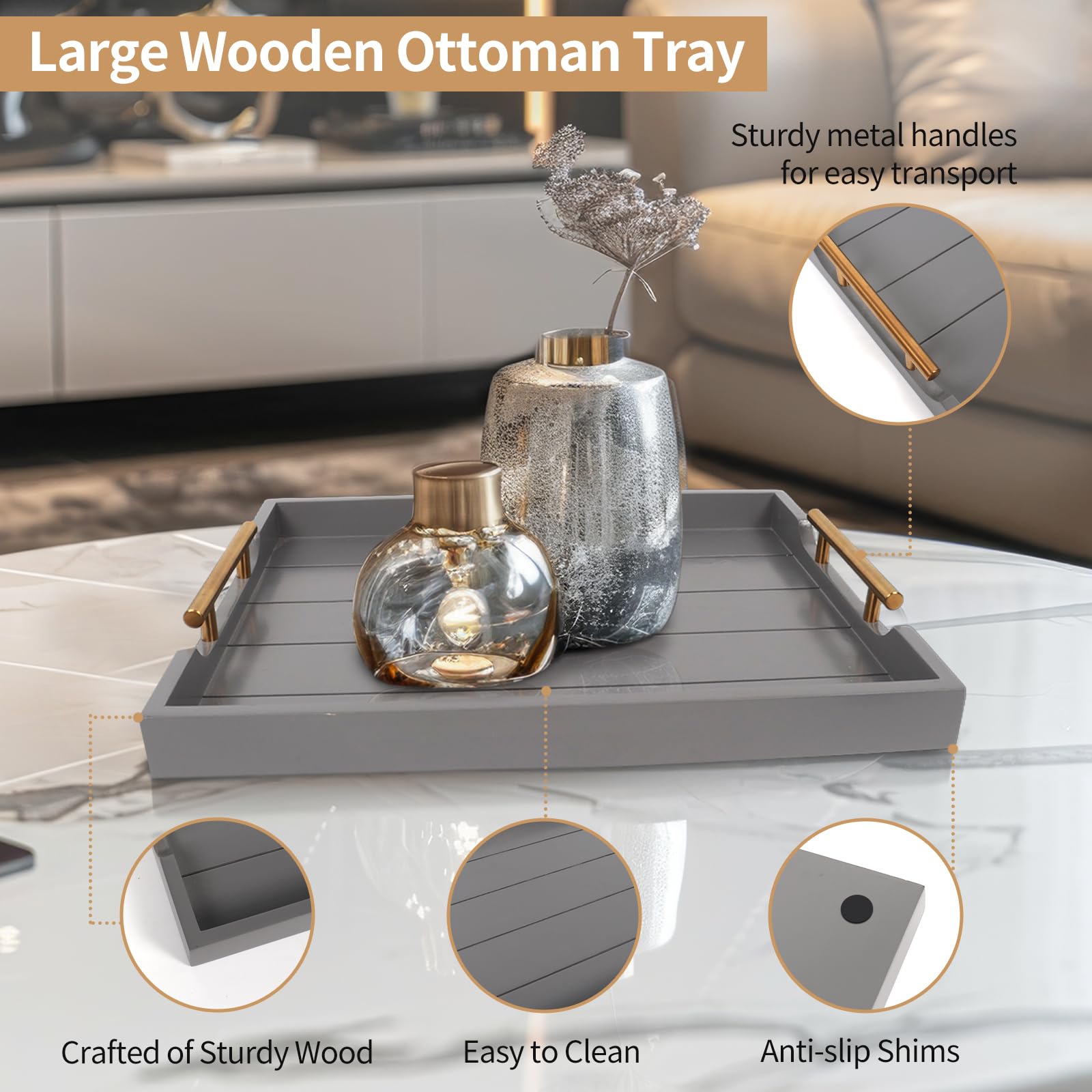 SXNOWS Bandeja otomana Grande de Madera, con Asas, Incluye 4 Posavasos Redondos, Bandeja para Servir Mesa de café para Sala de Estar, Gris (2 Juegos)