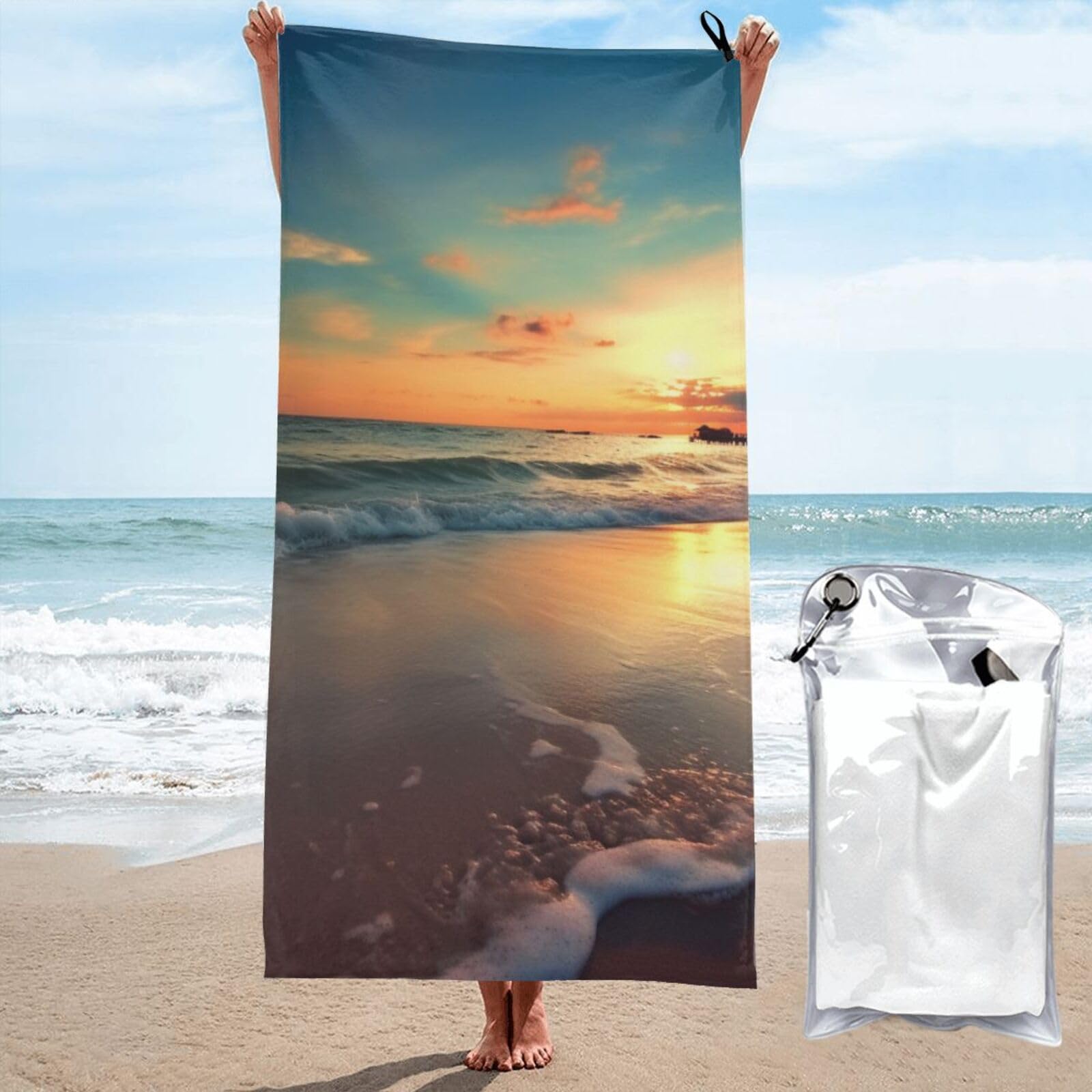 BWWHCCTI Sunset Beach Printed Microfiber Quick Dry Beach Towel 80x160 CM, Fast Drying Bath Towels with Bags for Travel,Camping,Gym,Beach,Swimming,Yoga