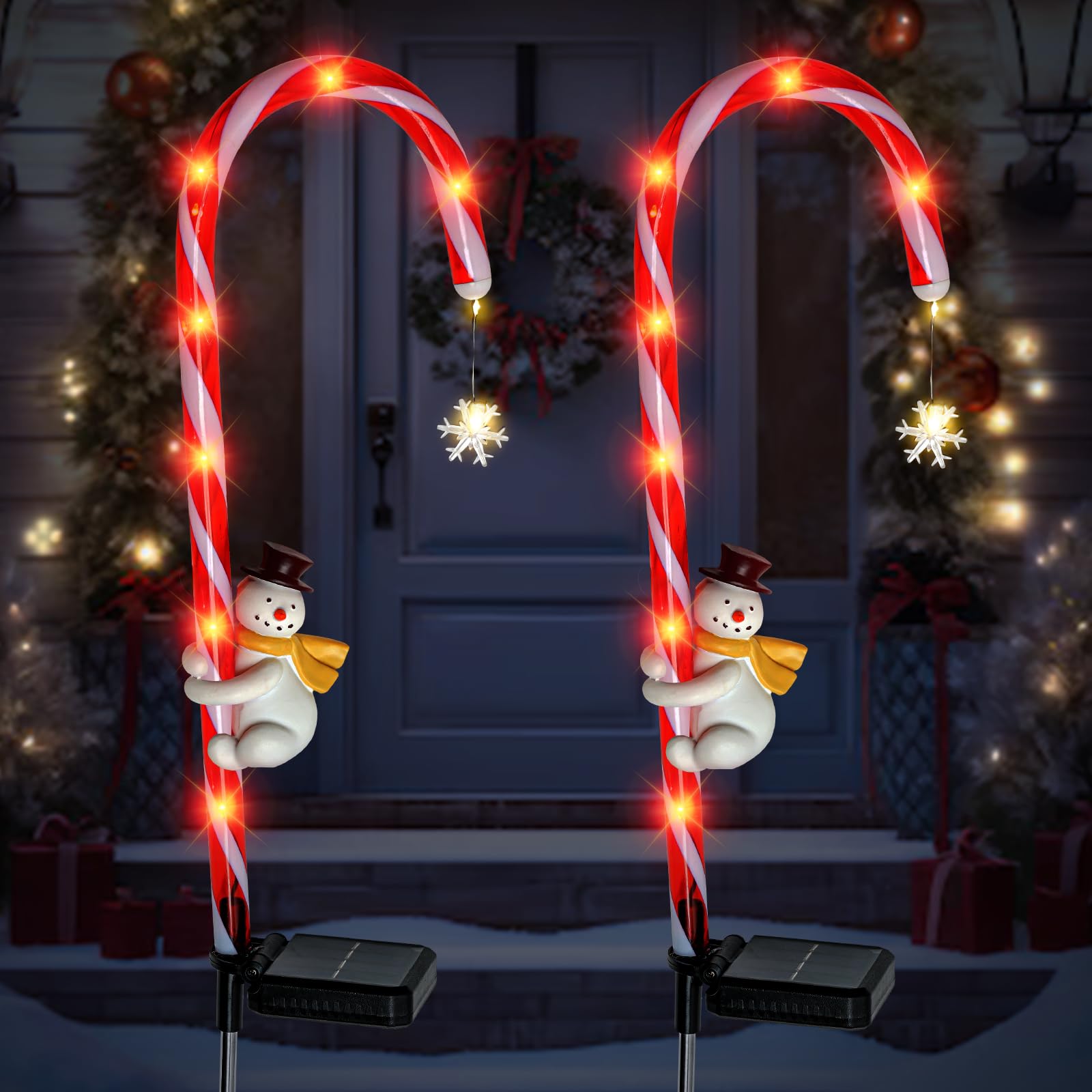 Solar Christmas Decorations Candy Cane Lights - Christmas Stakes Pathway Lights with Snowflowers & Snowman, 8 LED Lights Markers for Decor Garden Patio Yard Lawn Holiday Xmas Yard Patio Walkway