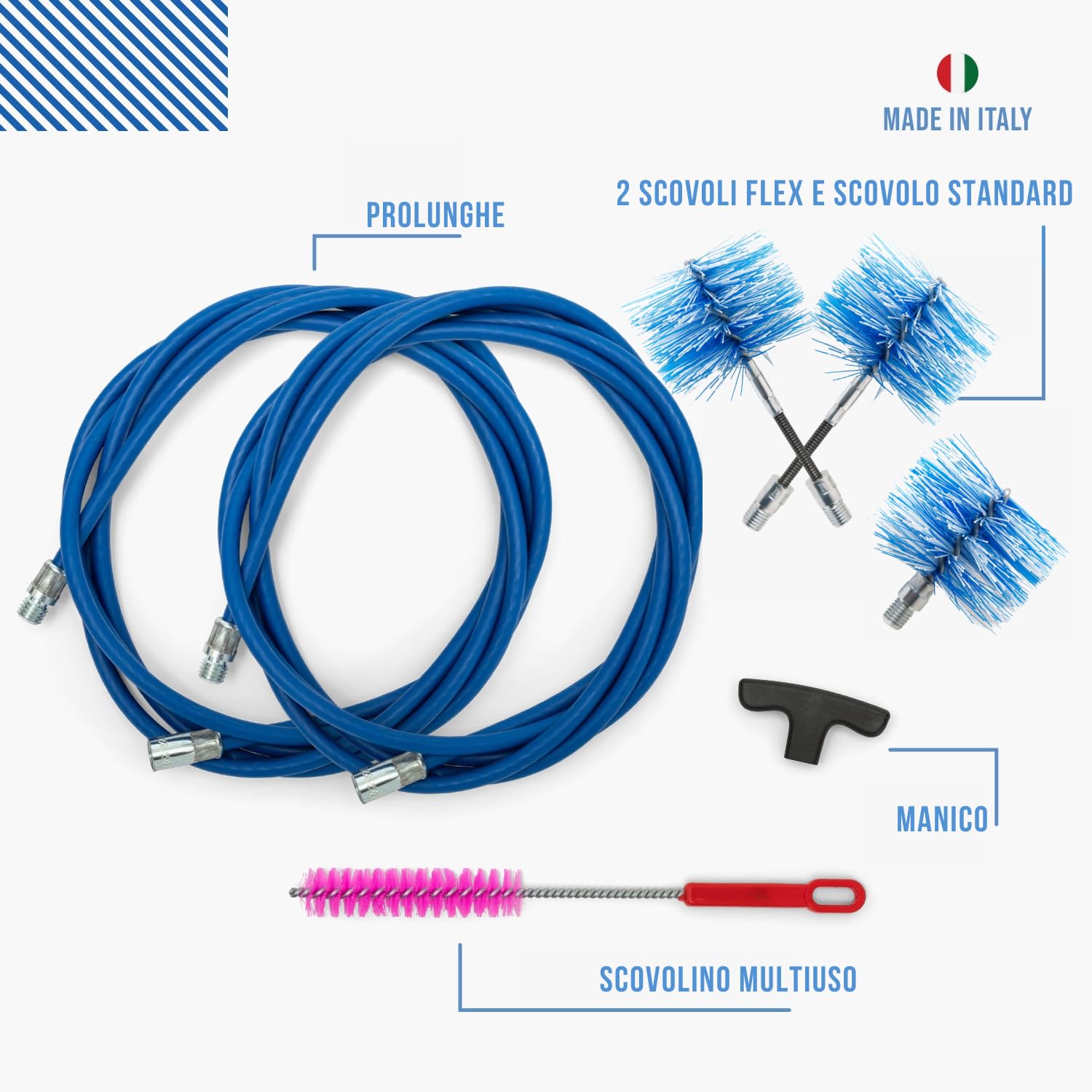 BARETTO FLEX | Kit Pulizia Stufa a Pellet | Canna Fumaria Ø 80 + 100 + 120 mm | Lunghezza 6 m | 2 Spazzole Snodate + 1 Standard | Attacco M12