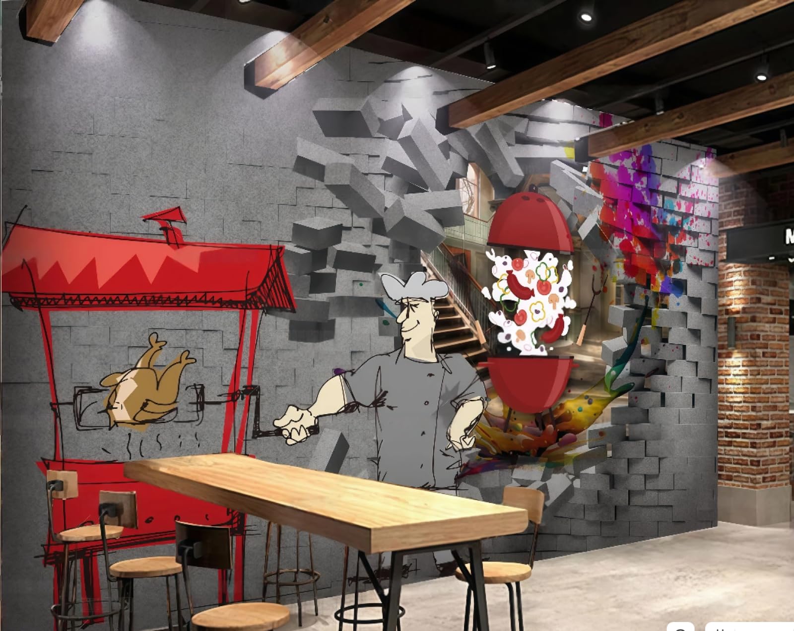 XDOUBAO Wallpaper Personalized Brick Wall Hand-Painted Barbecue Stall Skewers Theme Afternoon Tea Western Restaurant Background Wall Wallpaper Coffee Shop Mural,3D,400x280cm