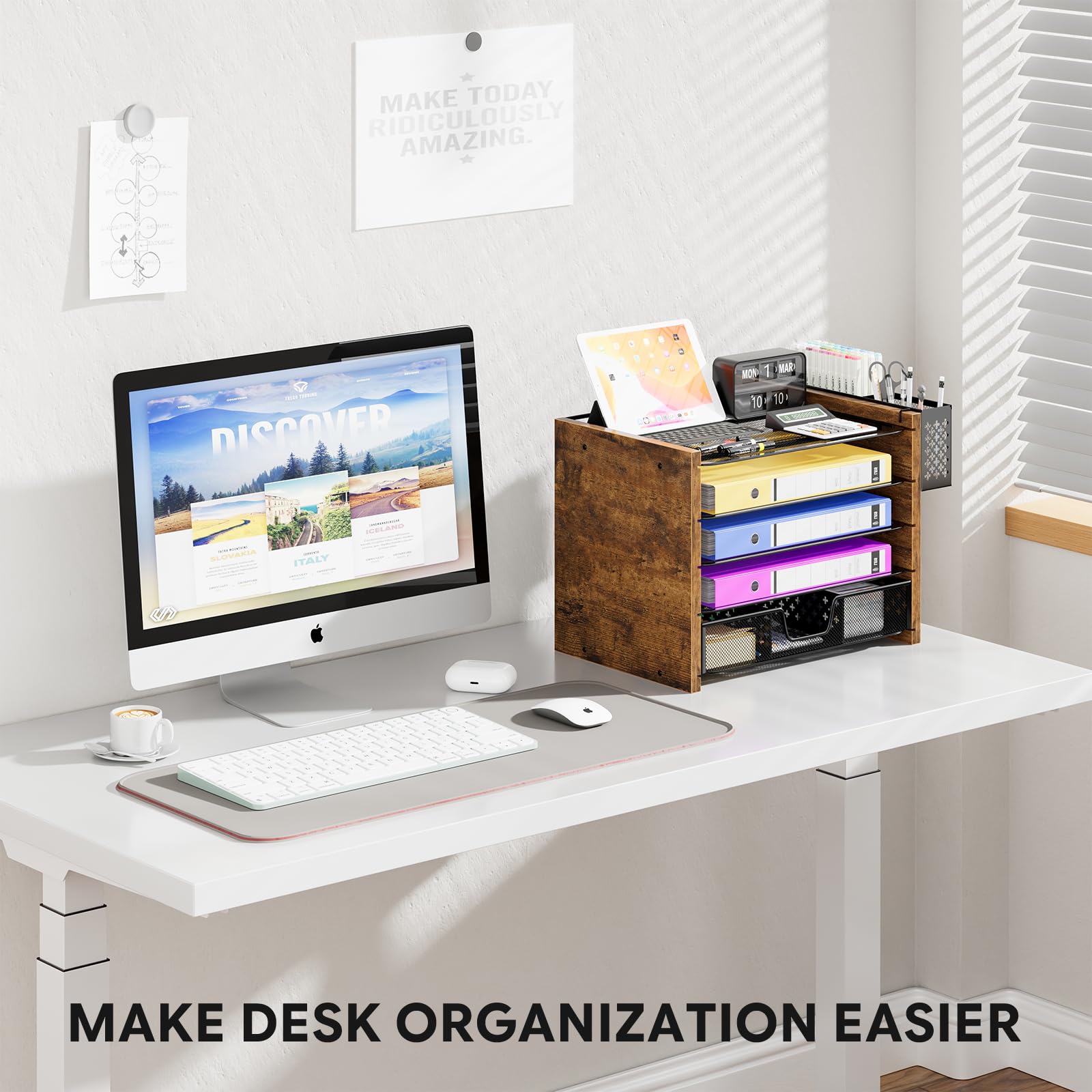 Simple Trending Organizer per carta a 5 ripiani, organizer da scrivania in legno e accessori con cassetto e portapenne, per casa, ufficio, scuola