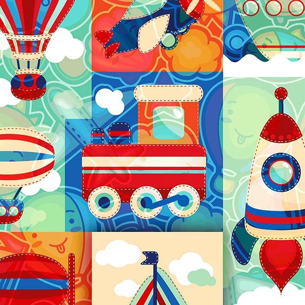 Childrens Travel Design 100% Cotton Quilting Fabric by The Yard (Orange, Blue, Teal)
