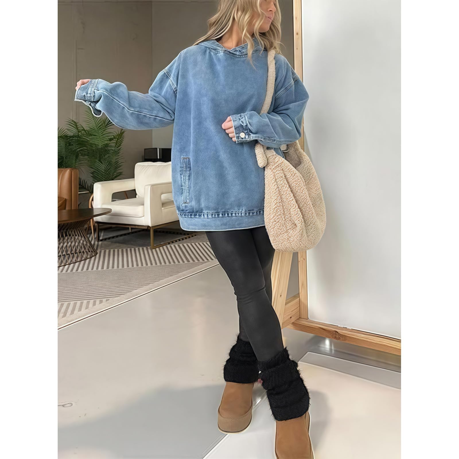 Dżinsowa bluza z kapturem z przednimi kieszeniami, klasyczny styl, wygodna luźna kurtka vintage postarzana kurtka dżinsowa topy