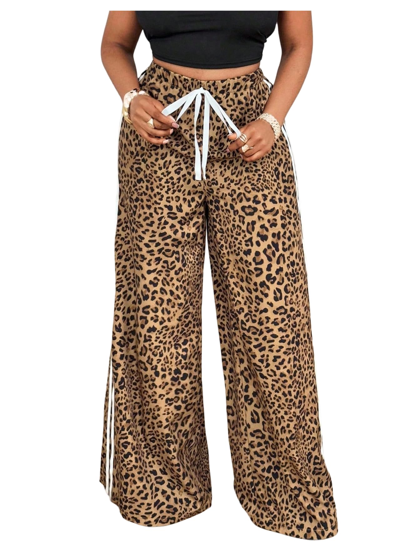 GORGLITTER Womens Leopard Pants Color Block Side Striped Wide Leg Loose Pants