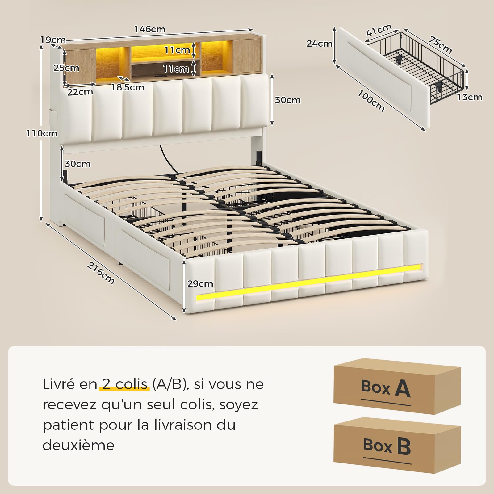 KIMENICH Lit 140 x 190, Lits Double avec LED et Multiprise, Cadre de Lit en Métal avec 4 Tiroirs, Tête de Lits en Bois Capitonnée avec 7 Compartiments, Lits 140 x 190 avec Sommier et Rangement, Blanc