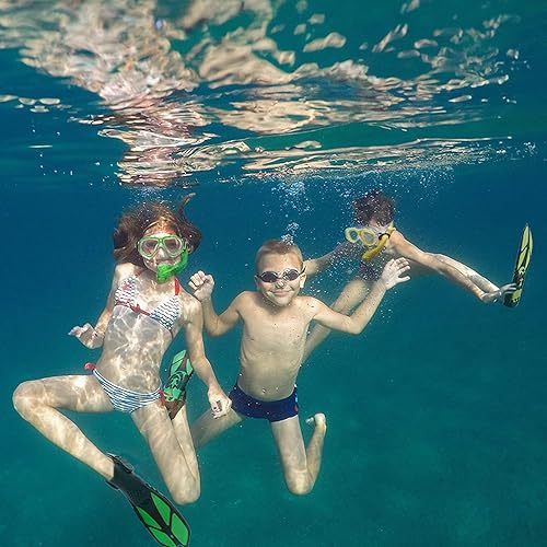 Miniatura 3 de Juego de aletas de máscara para niños, paquetes de esnórquel, con máscara de buceo, esnórquel, aletas de natación ajustables, bolsa de malla, equipo