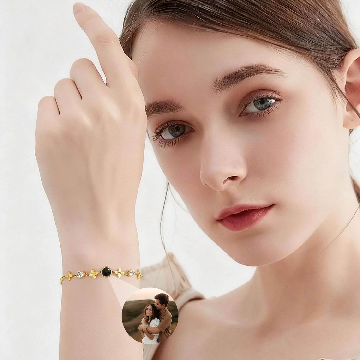 925 Sterling Silver Custom Projection Bracelet with Picture Inside Customized Photo Birthstone Flower Bracelet for Women Couple Sister Best Friends