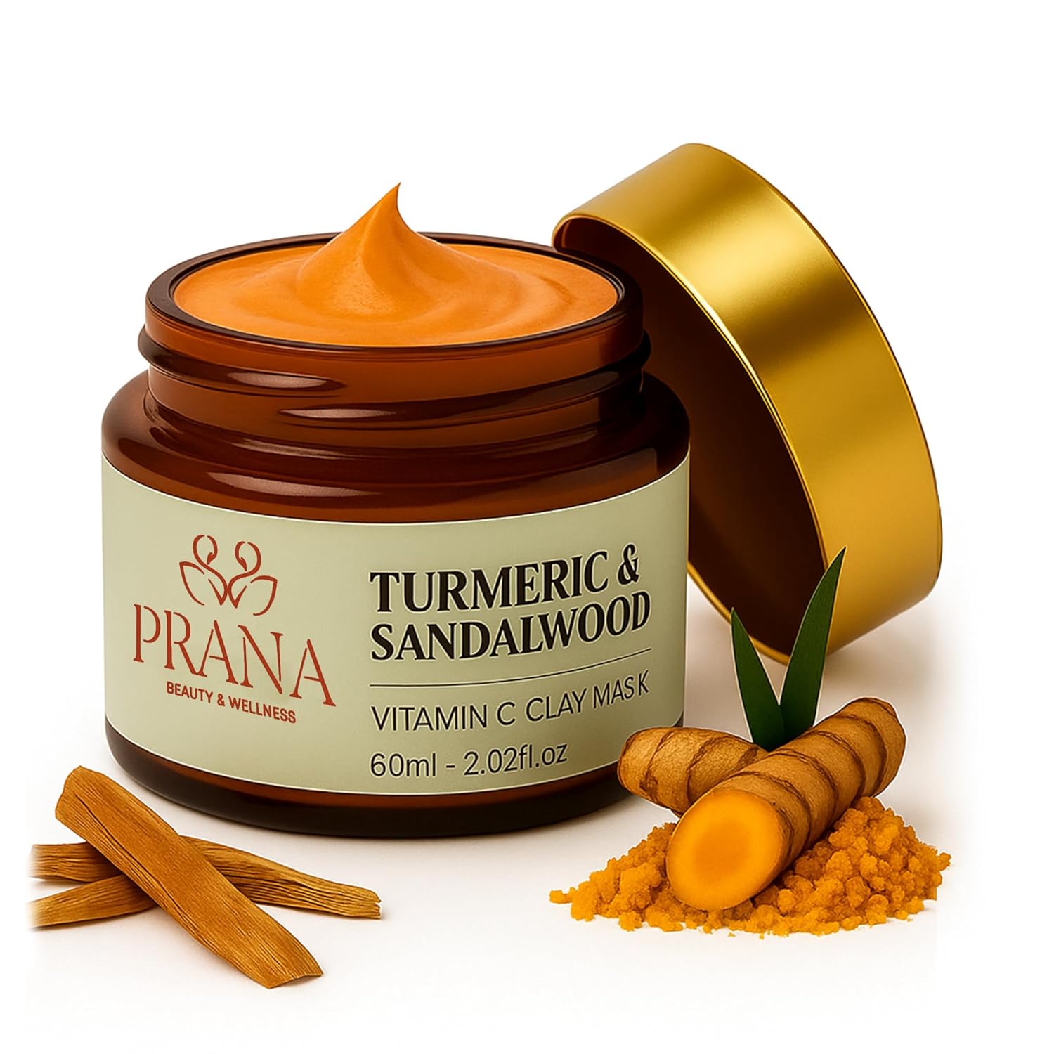 PRANA Sandalwood & Turmeric Face Mask - Natural Cleansing Facial Mask with Ayurvedic Ingredients - Bentonite & Kaolin Clay Mask - Brightening, Hydrating, Anti-Aging - Vegan & Cruelty-Free Mask (60ml)