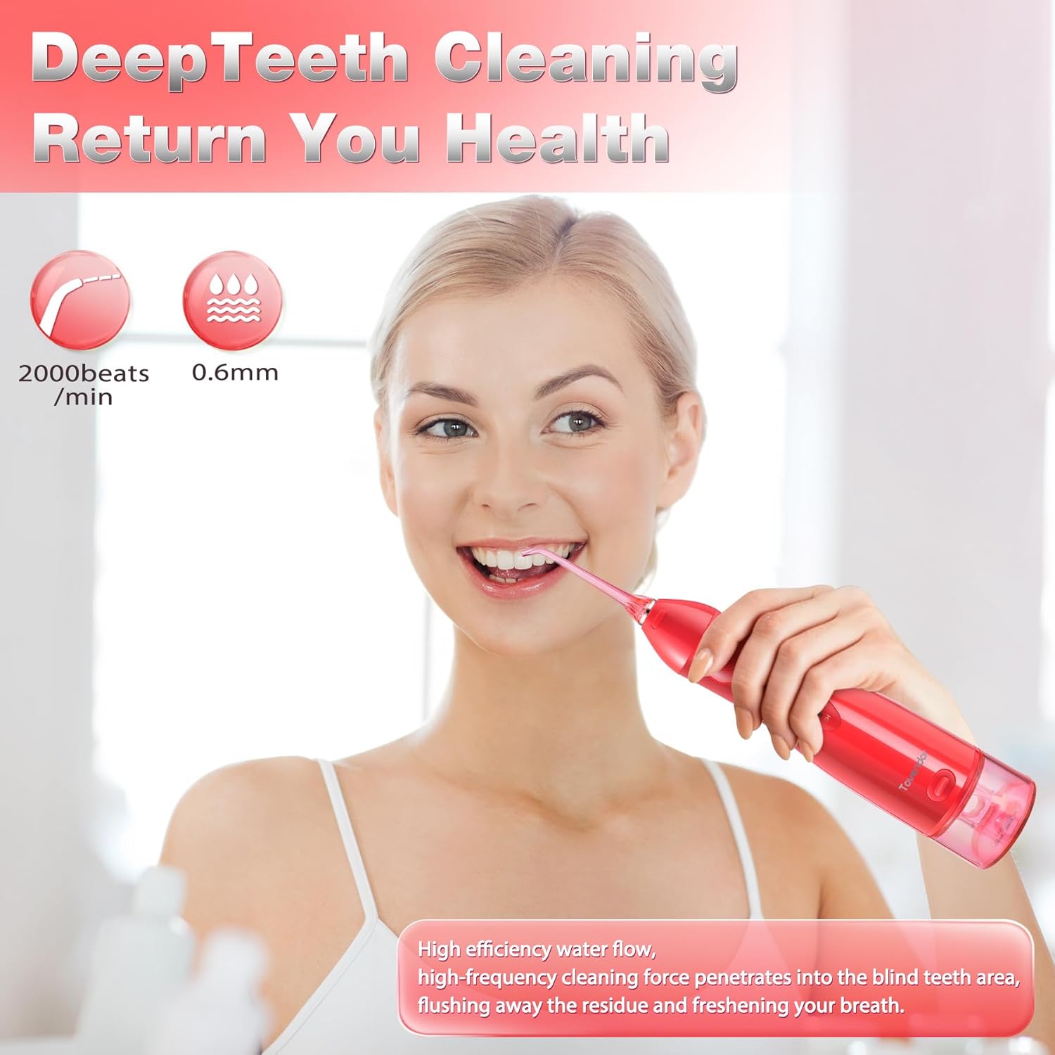 Woman using TOVENDOR F5020D Electric Water Flosser for deep teeth cleaning