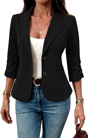 ELLEVEN Womens 3/4 Sleeve Business Casual Knit Blazer with Pockets | Lightweight Open Front Slim Fit Jackets, Business Casual Outfits for Women, 2026 Trendy Work Office Suit Outerwear