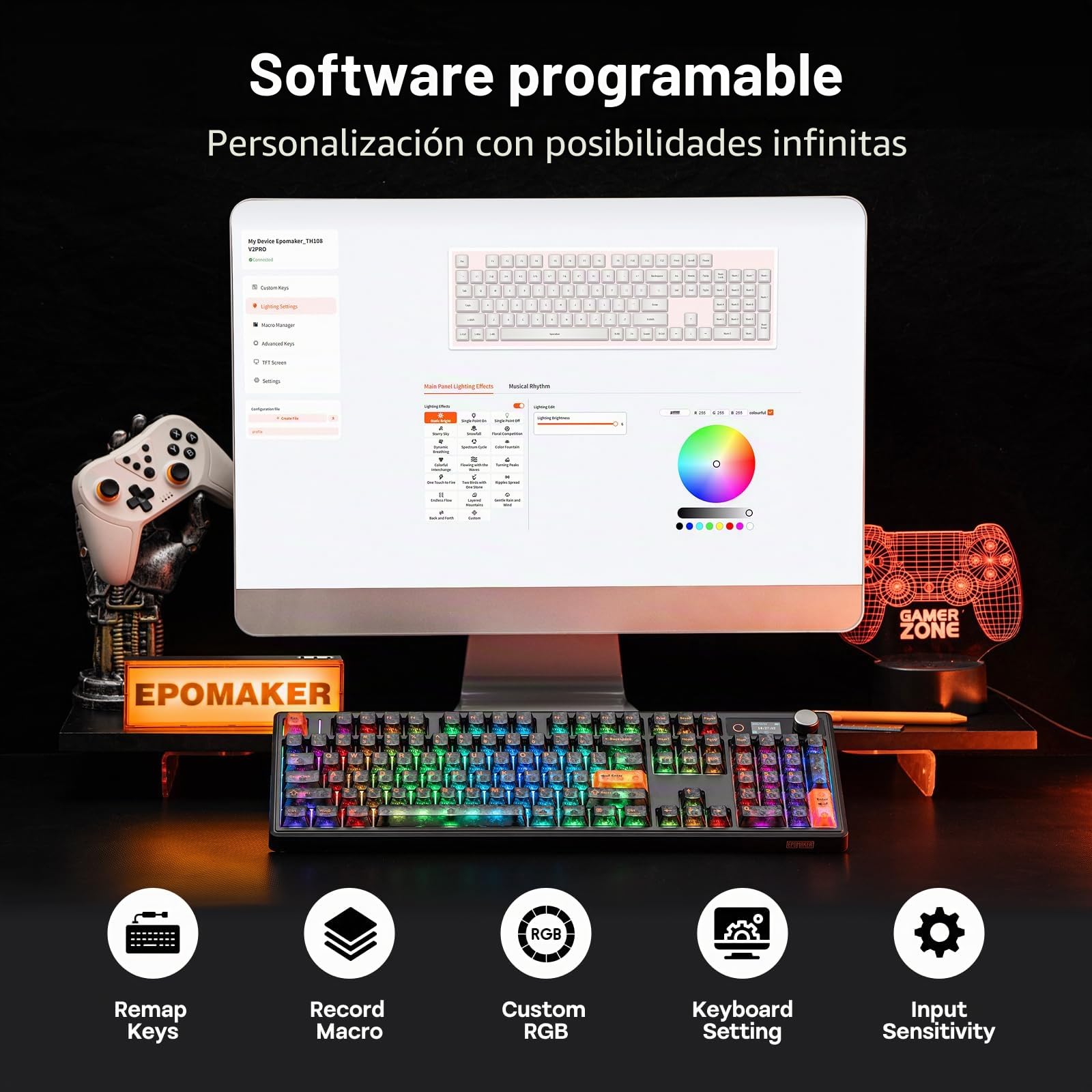 EPOMAKER TH108 V2 Pro Teclado Gaming Mecánico de Tamaño Completo con Pantalla y Perilla, 10000mAh, BT/2.4Ghz, Teclas PBT, Modificador de Mac, Hot Swap, RGB,Gasket,para Mac/PC (Negro, Creamy Jade) | Perilla, 10000mAh, BT/2.4Ghz, Teclas PBT, Modificador de