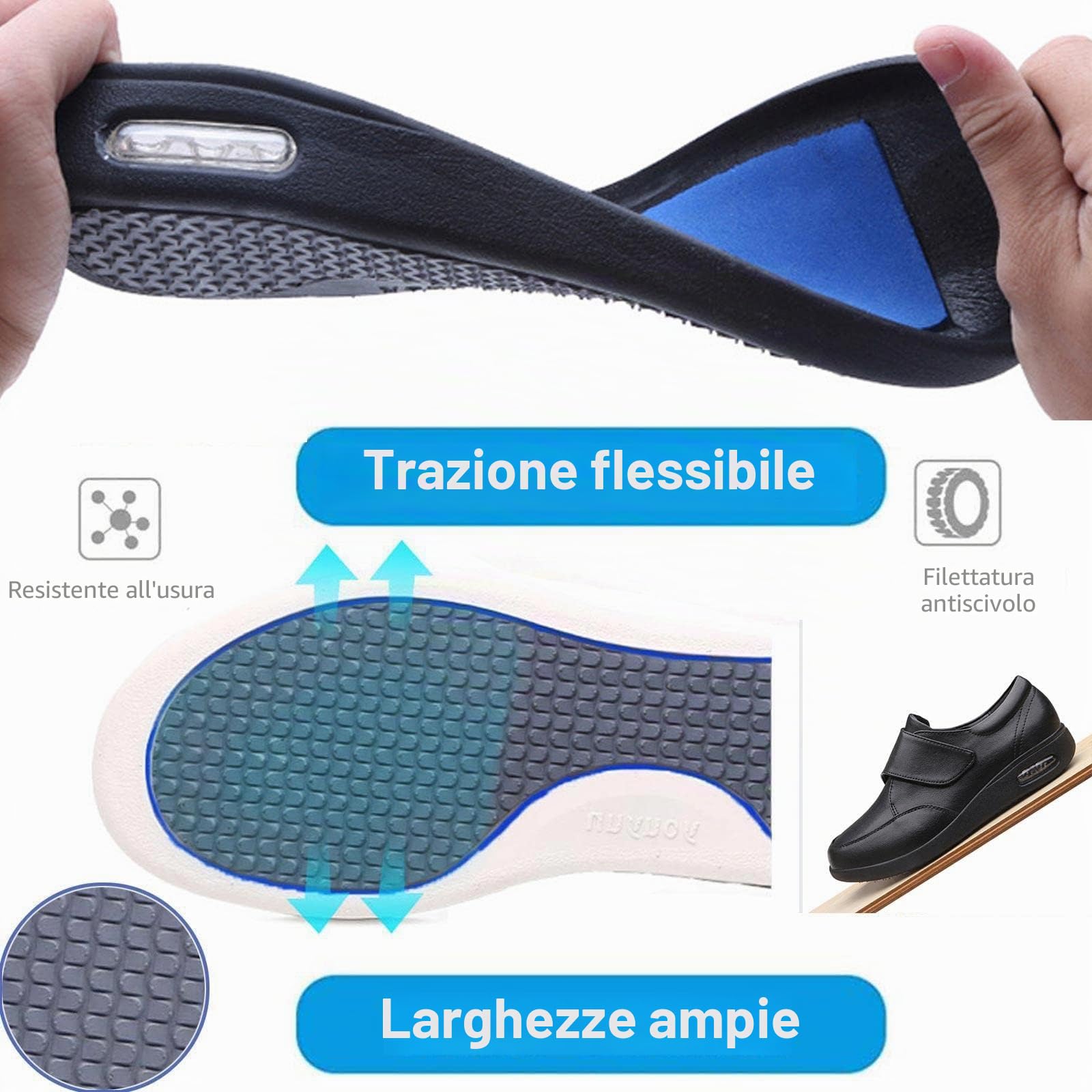 Scarpe per Diabetici da Uomo Vestibilità Extra Larga in Pelle Casual per Passeggio, Pianta Larga per Piedi Gonfi, Artrite, Edema - Nero EU44/270mm