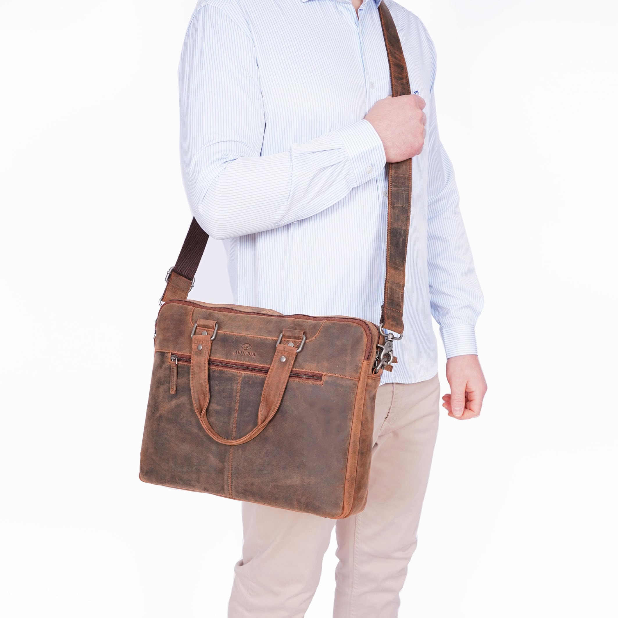 ALMADIH Luca - Maletín de piel para ordenador portátil, piel de vacuno premium, bolso de negocios, bolso de hombro, bolso de mano, bolso de mano, bolso de mano, bolso de mano