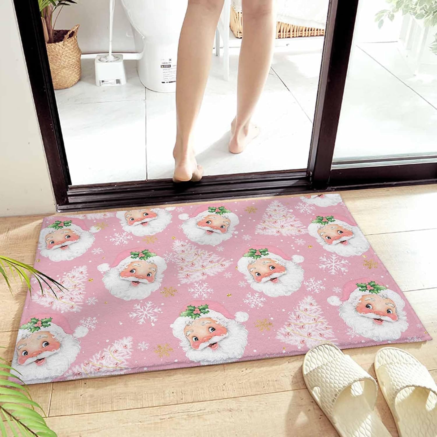 Santa Claus Plush Rug Non Slip Bath Mat, Soft Shaggy Long Fur Fuzzy Bath Rugs 16" x 24" Christmas Tree Winter Snowflake Pink Carpet Mat for Bathroom Shower Home