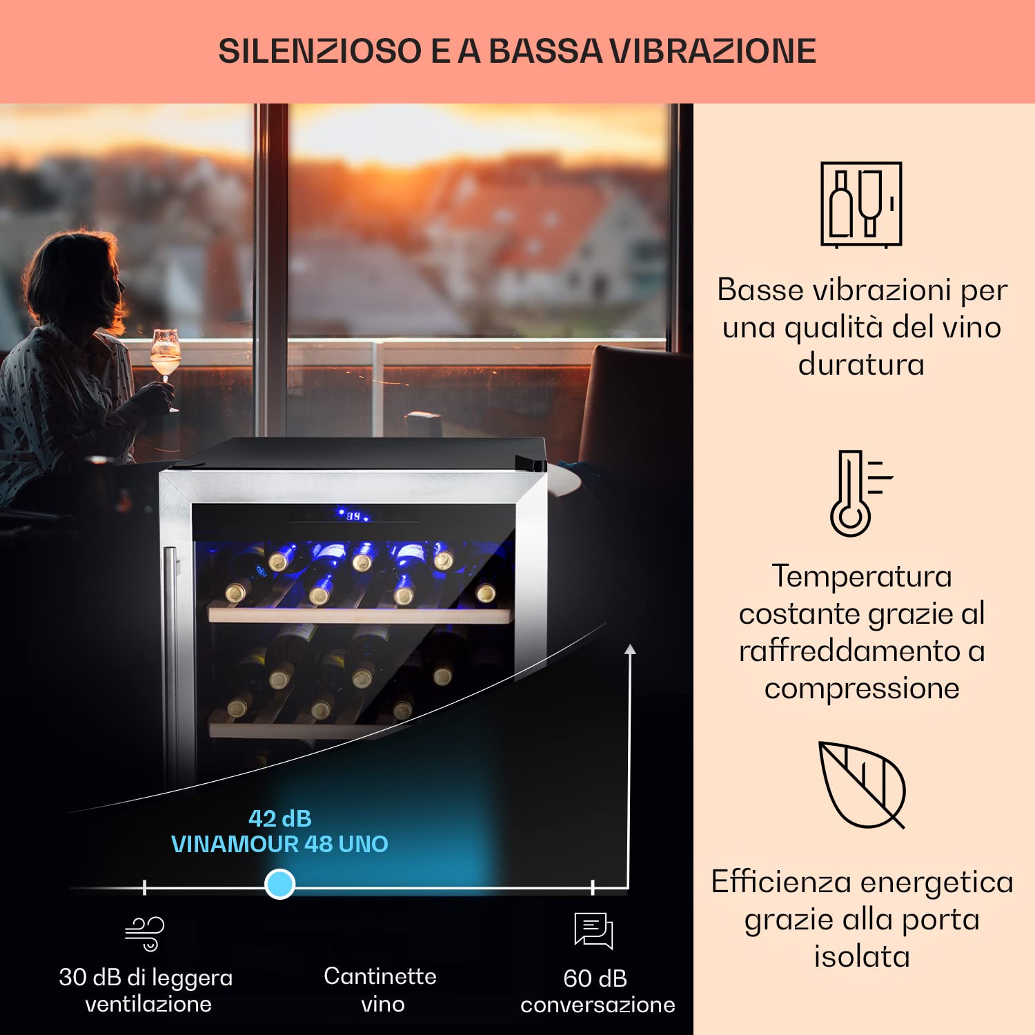KLARSTEIN Cantinetta Vino, Frigo Bar con Vetrina, Mini Bar, Cantina Vino Refrigerata a Zona Singola per Interno/Esterni, 48 Bottiglie, 128L, Nero - Agrento