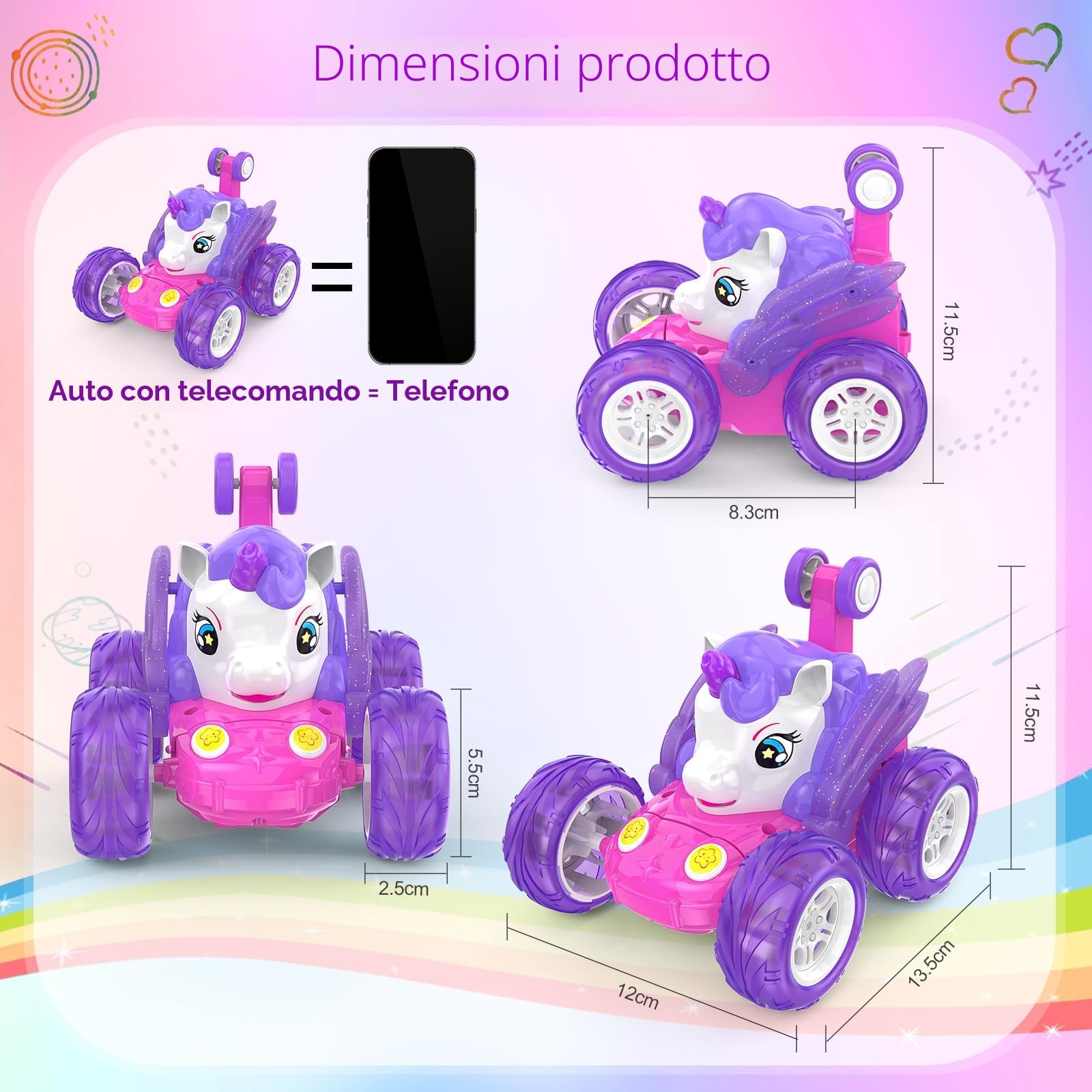 Buoeuik Macchina Telecomandata Bambina, Giocattoli Unicorno Giochi Bimba 3 4 5 6 7 Anni Femmina Macchinina Radiocomandata Acrobatica Auto RC Gioco Bambini Regalo Compleanno Natale Car Rosa