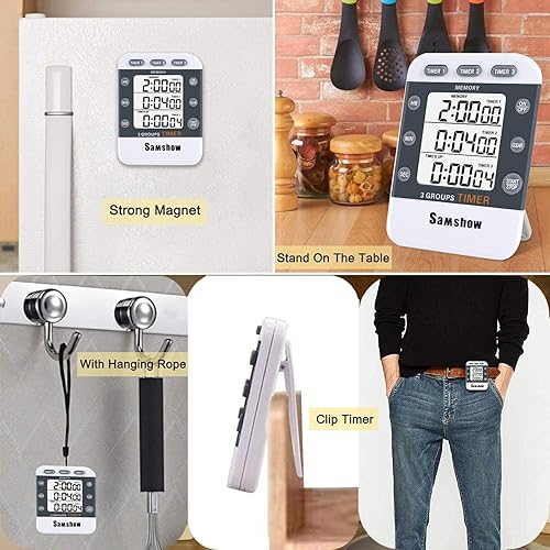 Miniatura 4 de Samshow Paquete de 2 temporizadores digitales de cocina para cocinar, triple temporizador, cuenta arribaabajo, temporizador doble, pantalla LCD