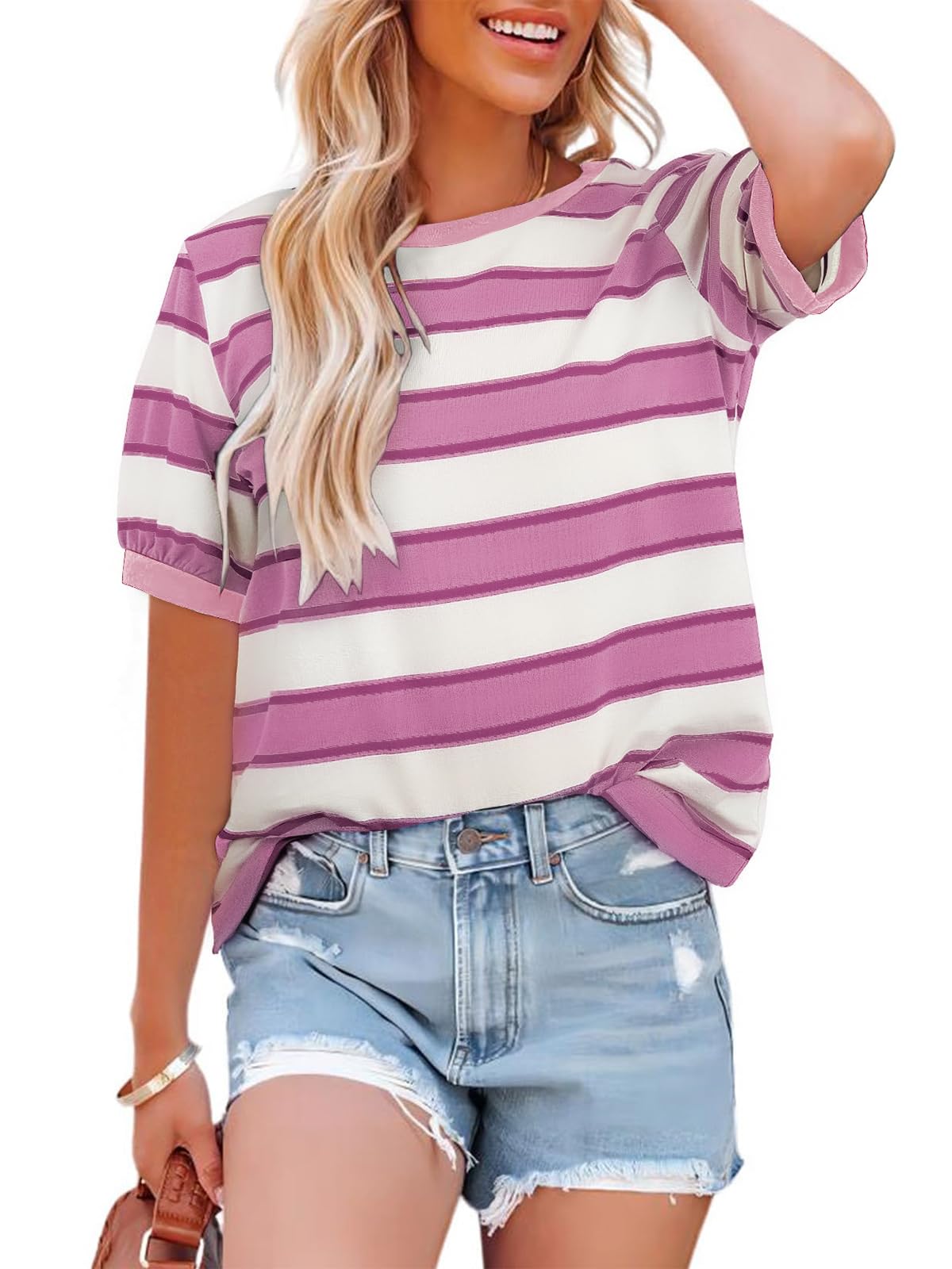 Cuptacc Tshirt Damen Rundhals Locker Oberteile Bunt Gestreiftes Tunika Damen Sommer Casual Baumwolle T Shirt Kontrast Kurzarm Oberteile