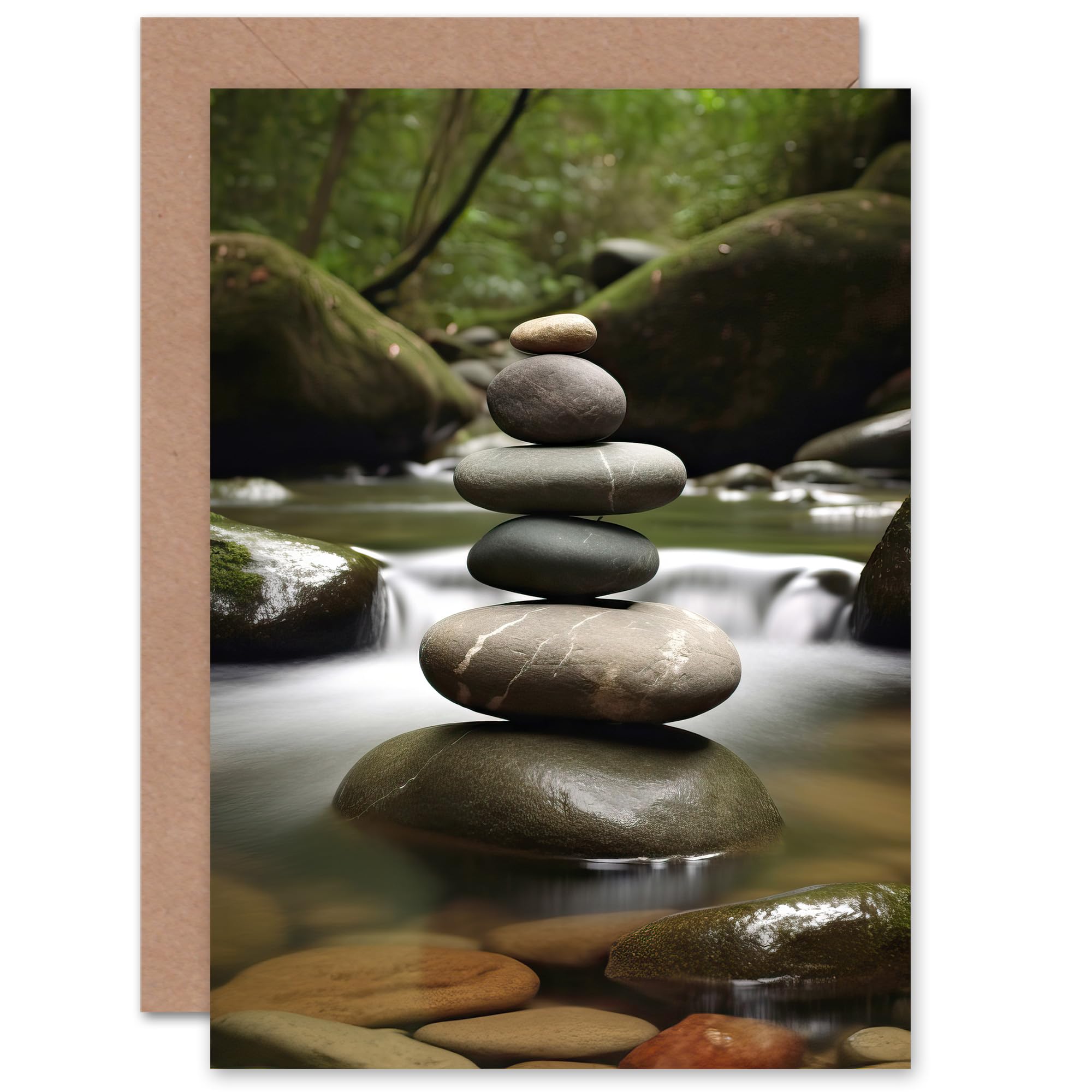 Artery8 River Zen Stone Tower Photo for Him or Her Man Woman Birthday Thank You Get Well Soon Blank Art Greeting Card